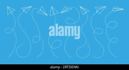 Paper aeroplane dotted white lines. Air transport, aviation travel and transportation business vector abstract sign. Creativity and leadership, idea concept or symbol with handmade origami toy plane Stock Vector