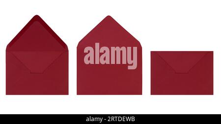 Burgundy red open envelope isolated on white background. Letter, front and back view. Design element for business, birthday, Valentine. Copy space Stock Photo