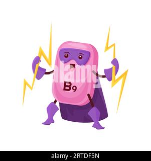 Cartoon B9 vitamin superhero character, isolated vector folic acid capsule wear cape and mask holding lightnings. Funny bubble super hero comics book personage. Brave natural food supplement defender Stock Vector
