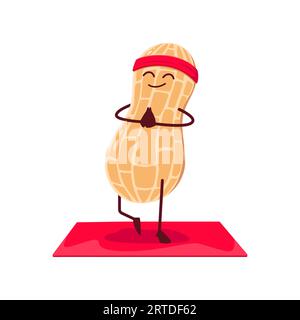 Cartoon peanut funny pod character on yoga or pilates fitness. Cute vector nut comic personage standing on mat in yogi pose with joined hands. Meditation zen class, health care yoga practice workout Stock Vector