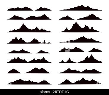 Mountain range black silhouettes, rocky landscape shapes. Isolated vector range of hills, monochrome ridges. Alps with summit peaks set of elements for adventure, rocks climbing, travel and hiking Stock Vector