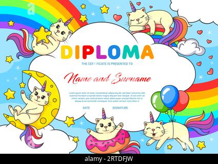 Cartoon cute cheerful caticorn cats and kitty characters on rainbow. Kids education vector diploma with funny fairy caticorn cat parsonage sleeping on rainbow, playing with star and flying on balloon Stock Vector