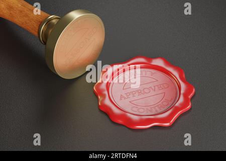 Approved quality control wax seal and a sealing wax wooden stamper. 3d illustration. Stock Photo