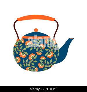 Ceramic teapot, porcelain kettle with handle decorated by floral print pattern. Vector coffeepot with cap, chinese retro pottery, kitchenware utensil Stock Vector