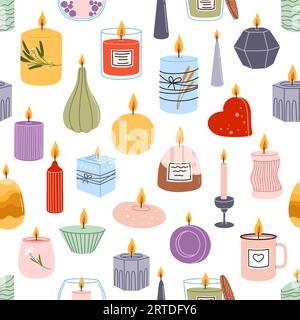 Aromatic spa and bathroom candles seamless pattern. Scented candles in glass jars, mugs and aroma candlesticks vector background. Aromatherapy backdrop, handmade wax and soy candles with natural scent Stock Vector