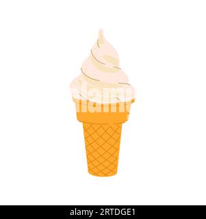 Cold ice sundae swirl in wafer cone, vanilla ice cream in waffle cone, fastfood takeaway snack. Vector cartoon creme brulee refreshing summer dessert. Stock Vector