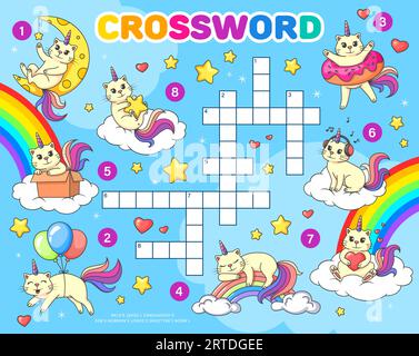 Crossword quiz game grid. Cartoon funny caticorn cats on rainbow. Vector cross word puzzle worksheet for kids with funny unicorn kittens with moon, balloons, donut and box. Heart, headphones, or stars Stock Vector