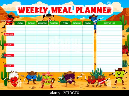 Weekly meal planner of Western cartoon cowboy, bandit and ranger fruit ...