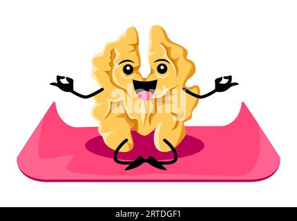 Cartoon walnut character on yoga or fitness sport. Vector happy funny nut personage sitting on mat in lotus asana meditation pose. Zen class, health care and mind balance, comic seed yogi practice Stock Vector