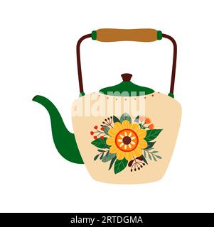 Cartoon retro teapot isolated metal kettle with floral print. Vector vintage kettle with flower, container for hot water or tea, kitchenware utensil Stock Vector