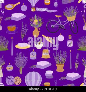Lavender flowers, herb and bunch pattern of aroma spa cosmetics, vector background. Lavender products pattern with purple candle, lavender essential oil, aromatherapy soap and French Provence bicycle Stock Vector