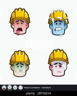 Icon set of a construction worker face with Harsh Conditions emotional expression variations. All elements neatly on well described layers and groups. Stock Vector