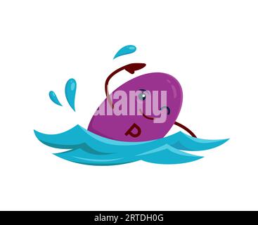 Cartoon vitamin P swimming character. Vitamin capsule, healthy nutrition mineral pill or micronutrient dragee cheerful vector mascot. Food supplement funny personage swimming in ocean on vacation Stock Vector