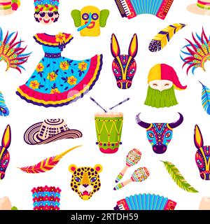 Barranquilla carnival seamless pattern. Vector tile background with holiday traditional feathers, crown, bright dress, hat, animal mask, maracas, accordion and drum for folkloric party celebration Stock Vector