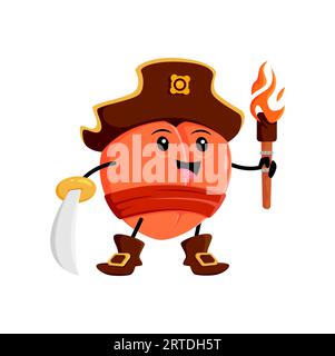 Cartoon peach fruit pirate and corsair character with saber and torch. Vector happy smiling apricot buccaneer in captain cocked hat. Isolated freebooter or picaroon book or game personage with sword Stock Vector