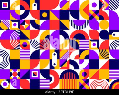 Abstract geometric bauhaus elements pattern background with vector color circles, squares, triangles, round lines and dots. Modern bauhaus seamless background of simple geometric shapes and figures Stock Vector
