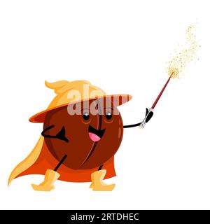 Cartoon macadamia wizard character. Funny vector unpeeled magician nut with magic wand. Wiz with casting nutty spell. Smiling sorcerer in hat and cape, healthy protein product, fascinator personage Stock Vector