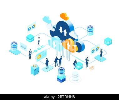 Isometric business environment. Business people, team working in server room, big data analyse, new business, start up, technology, computing consept Stock Vector