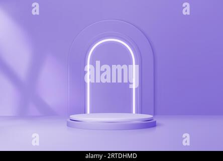 Purple podium with arch. Realistic platform or pedestal in studio for showcasing cosmetic items during presentations. Vector background with round stand mockup and shadow of window frame on the wall Stock Vector