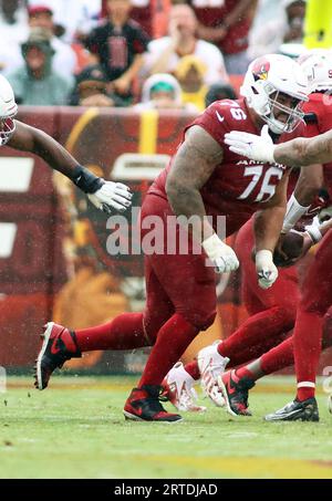 Arizona Cardinals guard Will Hernandez (76) wears a Mexico flag sticker on  his helmet prior to an NFL football game against the Carolina Panthers,  Sunday, Oct. 2, 2022, in Charlotte, N.C. (AP