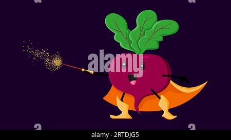 Cartoon Halloween beet vegetable wizard, witch and mage character. Funny vector veggies wiz casting spell with magic stick. Radish sorcerer healthy vitamin food personage for kids menu, book or game Stock Vector