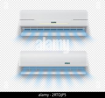 Realistic air conditioner. House cooling and heating, office conditioning split system, air purifying and ventilation technology, isolated 3d vector conditioner unit with cold breeze flow Stock Vector