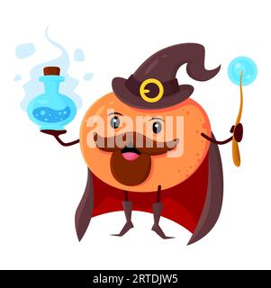 Cartoon orange fruit wizard or mage character. Vector bearded citrus holding wand and potion bottle casting magic spell. Funny smiling sorcerer in brown cape, fascinator, wiz, conjurer personage Stock Vector