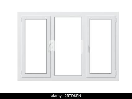 Realistic pvc window, isolated 3d vector mockup. Durable and cost-effective solution for modern homes and offices, featuring a high-quality finish and easy maintenance. Closed window with three panes Stock Vector
