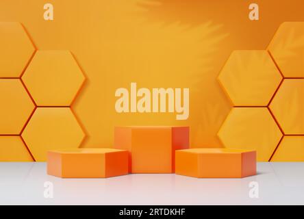 Yellow cosmetics podium with honeycomb. 3d vector realistic platform or pedestal for products presentation in studio. Background with hexagon display for showing honey product. Minimalist stand mockup Stock Vector