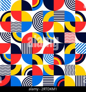 Abstract geometric bauhaus elements seamless pattern background. Vector color shapes ornament of circles, squares, wavy lines and strips. Simple geometric forms mosaic, creative bauhaus pattern Stock Vector