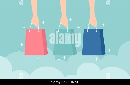 Hands holding glowing shopping bags of different colors on a green background. Vector illustration in flat style Stock Vector