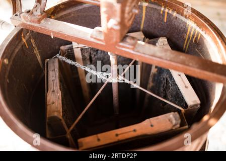 Honey production. Manual honey extractor interior. Stock Photo