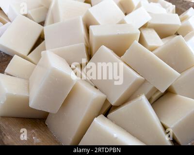 white natural olive oil soap background , Natural soap cut equally in a rectangular shape, healthy life concept. High quality photo Stock Photo