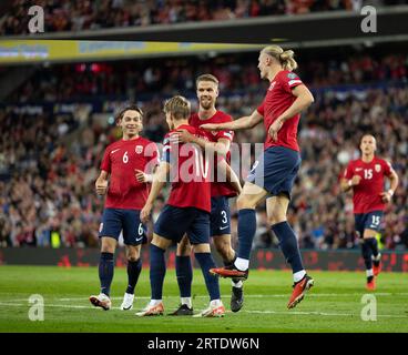 Oslo, Norway. 12th Sep, 2023. Oslo, Norway, September 12th 2023: Players of Norway celebrates after scoring during the UEFA EURO 2024 qualifying football match between Norway and Georgia at Ullevaal Stadium in Oslo, Norway. (Ane Frosaker/SPP) Credit: SPP Sport Press Photo. /Alamy Live News Stock Photo