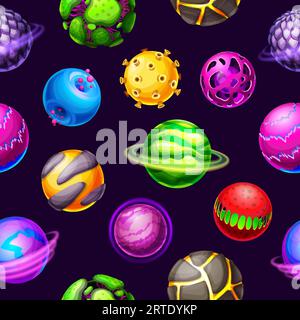 Cartoon galaxy planets and space stars seamless pattern. Vector fantasy planets, meteors and asteroids space universe background with orbit rings, glowing halos, craters and magma, cosmic backdrop Stock Vector