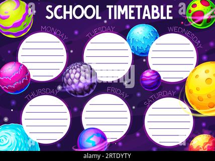 Cartoon galaxy and space planets vector school timetable schedule. Study plan or education time table, weekly planner and organizer with background frame of fantasy universe planets, stars, asteroids Stock Vector