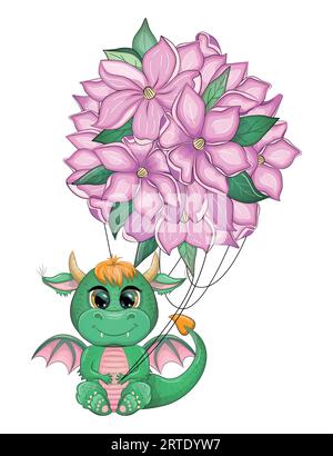 Green dragon and flying bouquet, new year card 2024 with dragon and flowers. Anemones, peonies, pansies, magnolia Stock Vector