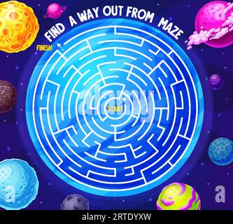 Space labyrinth maze game with planets and galaxy. Kids vector boardgame with meteors in deep cosmos. Board game with tangled path in space, start and finish. Riddle with cosmic fantasy world for baby Stock Vector
