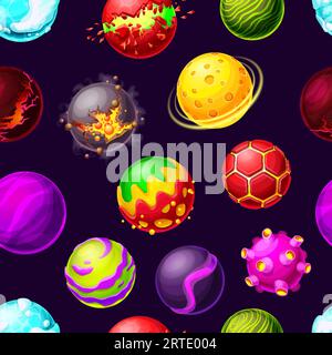 Cartoon galaxy planets and space stars seamless pattern. Vector futuristic background with asteroids explosion, fantastic cosmic objects, alien planets with rings, craters and glowing lava surface Stock Vector