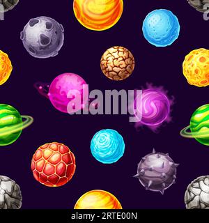 Cartoon galaxy planets and space stars vector seamless pattern. Fantasy universe background of space planets with magic halo, magma, craters and ice, orbit rings, stone horns and cracks on dark sky Stock Vector