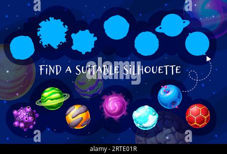 Galaxy kids game find a suitable silhouette of space planet. Cartoon shadow matching vector riddle. Logic test for children with planets shades, worksheet task for educational activity and learning Stock Vector