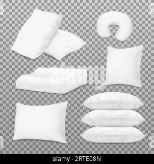 Pillows and bed cushions, vector realistic 3D white mockup templates. Inflatable travel cushion and orthopedic neck pillow, fluffy feather down pillows pile Stock Vector