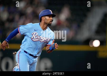 Texas Rangers' Marcus Semien sprints home to score during a baseball game  against the Los Angeles Angels in Arlington, Texas, Tuesday, Sept. 20, 2022.  (AP Photo/Tony Gutierrez Stock Photo - Alamy