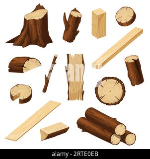 Timber vector set with wood logs, chopped tree trunks, stump with bark and firewood pile, lumber cuts of plank, board and beam, log slices and branch sticks. Cartoon woodwork, timbering and carpentry Stock Vector