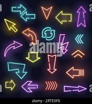 Neon arrow vector signs of glowing light pointers. Red, blue, yellow and purple arrow pointers, street, casino and bar, night club, cinema and motel location indicators on dark background Stock Vector