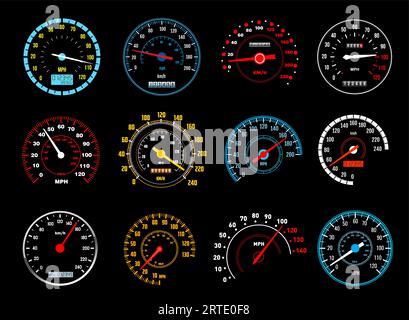 Car speedometer vector icons of dashboard speed meters. Gauges of auto motor vehicle instrument panel with glowing speedo dials, electronic and mechanical odometers, speed measure instruments design Stock Vector