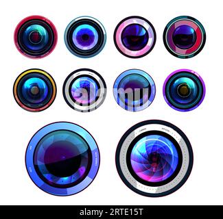 Camera lens isolated vector icons, 3d photo lenses aperture, cameras shutter focus, digital or film lens photocamera snap optics. Realistic objectives with flare, zoom symbols or ui round buttons set Stock Vector