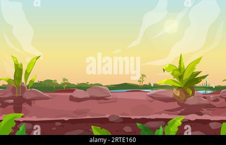 Game nature landscape seamless background of cartoon vector ui or gui design. Game interface with forest trees, green grass and cloudy sky, sun, river, rocks, ground soil and jungle bushes Stock Vector