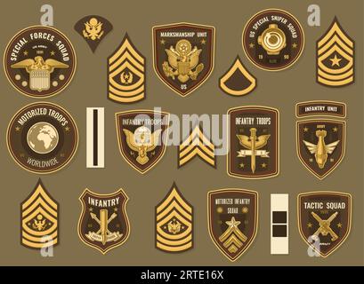 United States army military vector chevrons for officer uniform. Special forces and tactic squad, marksmanship unit, us special sniper, worldwide motorized and infantry troops. Rank stripes and eagles Stock Vector