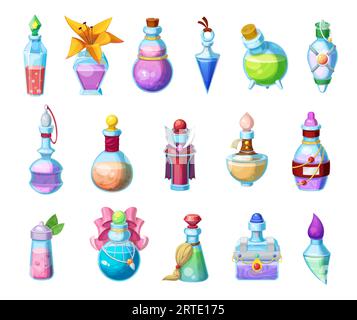 Potion bottles vector icons, magic elixir in glass flasks, cartoon design elements for magic gui or rpg games. Witch poison , halloween party objects alchemy liquid set isolated on white background Stock Vector